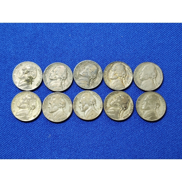 x10 Assorted Years Jefferson Wartime Nickels FV: $0.50