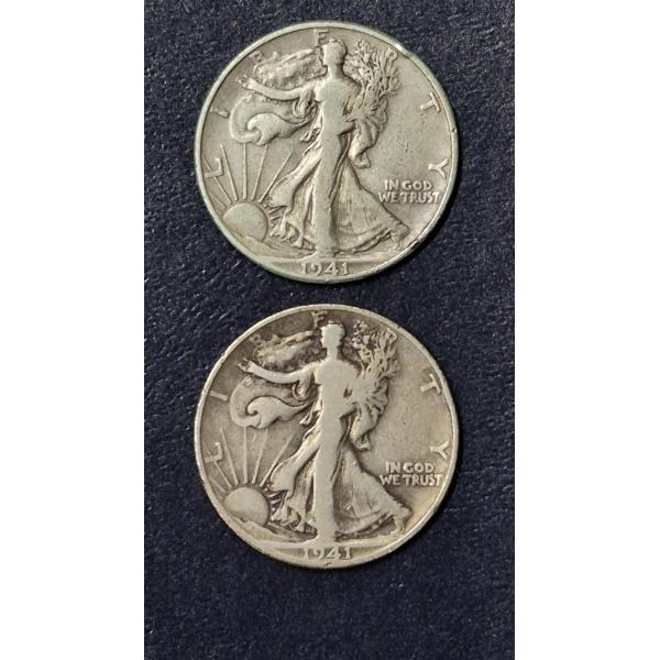 1941 P & 1941 D Walking Liberty 90% Silver Half Dollars - See Pics