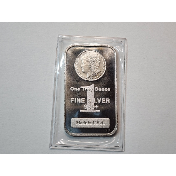 One Troy Ounce .999 Fine Silver Bar Featuring Morgan Dollar Design
