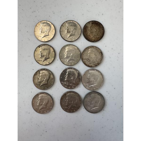 12- Late 1960's 40% Silver Kennedy Half Dollars - Face Value: $6.00