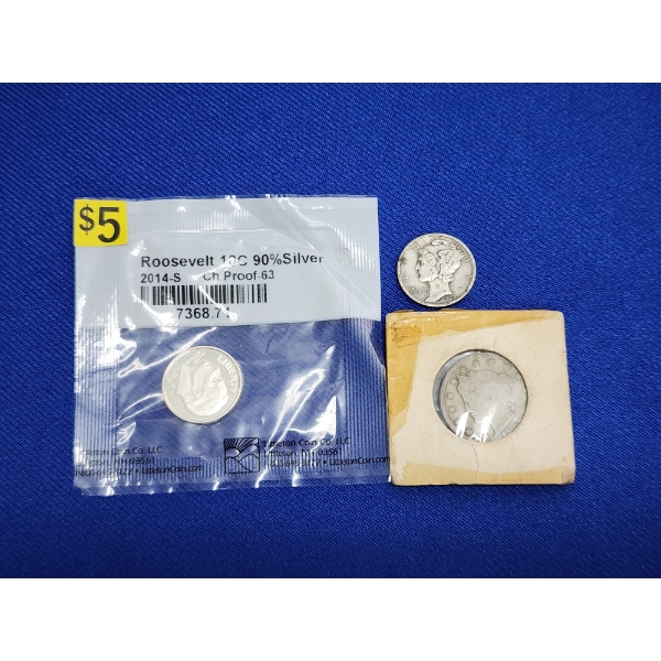 1897 "V" Nickel, 2014-S Roosevelt Proof 90% Silver Dime, & 1938-D 90% Silver Mercury Dime