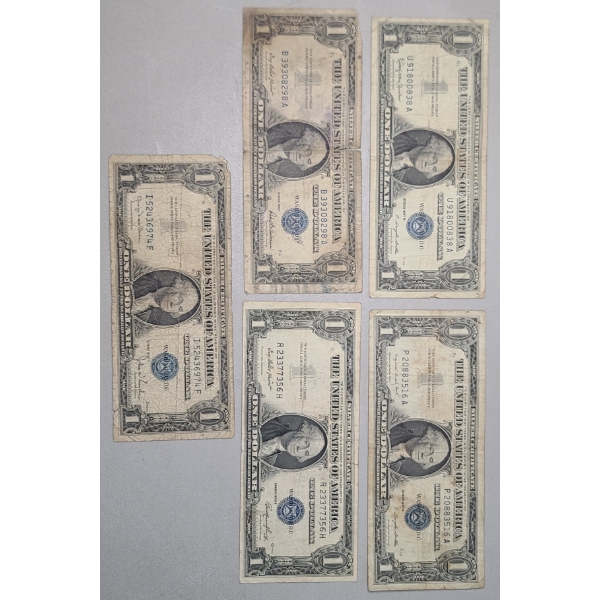 (5) Assorted U.S $1 Silver Certificates - 1935 D, 1935 E, 1957, 1957 A, 1957 B - Face Value: $5.00
