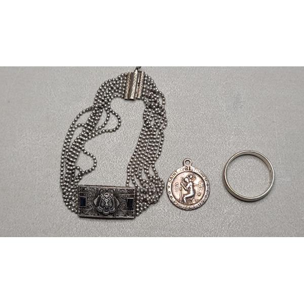 Sterling Silver Art Deco Bracelet, Band Ring & Saint Christopher Protection Pendant -Weight: 21.4g