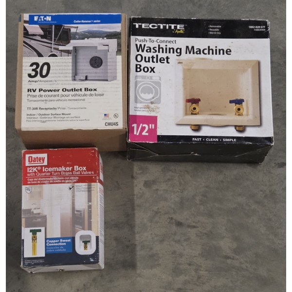All New- 30 Amp RV Power Outlet Box, Washing Machine Outlet Box, & Ice Maker Box