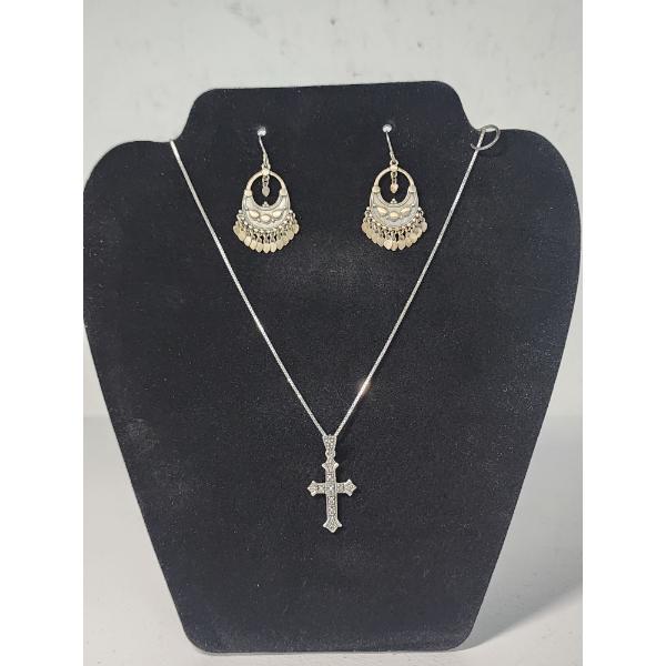 Sterling Silver 24in Necklace, Cross Pendant, Earrings - Total Weight: 13.9g