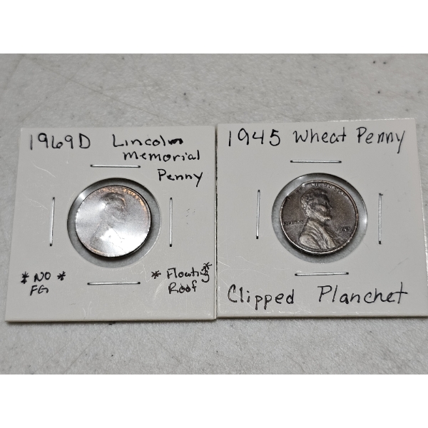 1945 Wheat Penny with Clipped Planchet and 1969D Lincoln Memorial Penny No FG/Floating Roof
