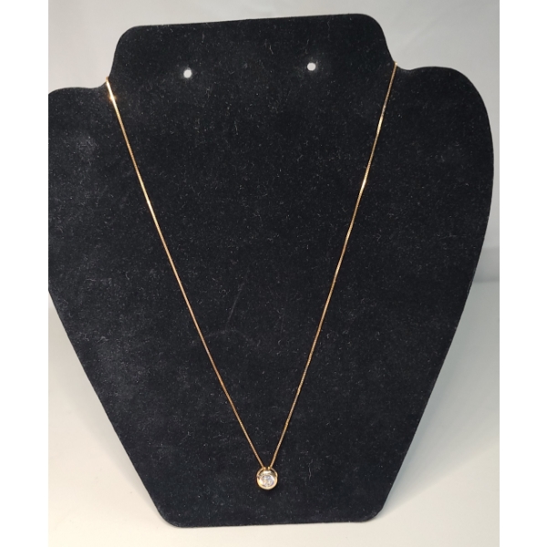 14K Gold Bezel Set Cubic Zirconia On 18" 14K Gold Chain - Weight: 2.4g 