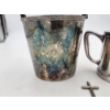 Image 2 : 3 Silver-Plated Pieces: Engraved Bucket, Creamer/Small Coffee Pot, & Cross Pendant TW: 2.0lbs