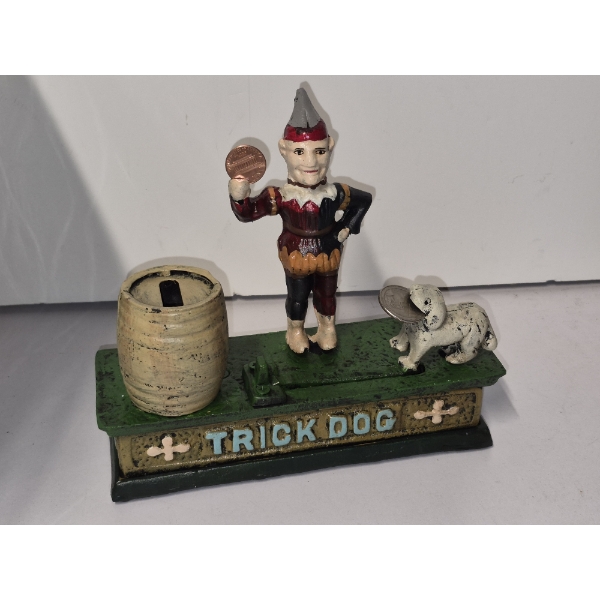 WORKING CAST IRON ANIMATED COIN BANK - TRICK DOG VERSION - WITH LEVER TRIGGER - SEE PICS
