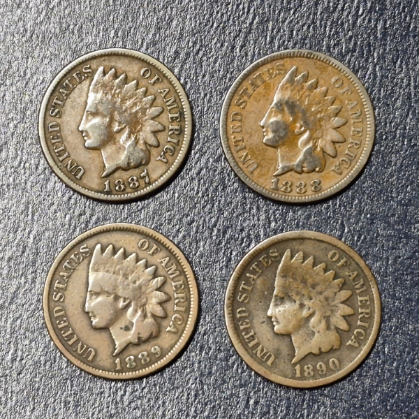 4 Pc Indian Head Cent - 1887 Thru 1890 - See Pics