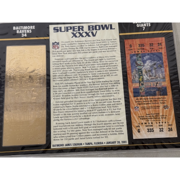 Authentic 2001 Super Bowl XXXV NFL Football Ticket & 24K Gold Plated Ticket - Mint Condition