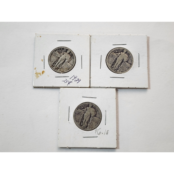 Three 90% Silver U.S. Standing Liberty Quarters: 1929, 1928, 1930 FV: $0.75