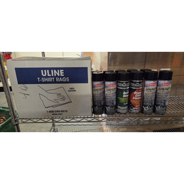 New Case Of Uline T Shirt Rags And Eleven New Cans Of Auto Detail Sprays