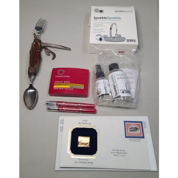 Vintage Hobo Knife, 1918 Air Mail First Day Issue 22 Kt Gold Replica Stamp & More 