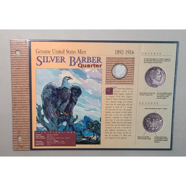 1898 U.S 90% Silver Barber Quarter On Educational Display Card