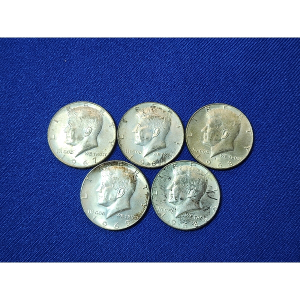 Lot of 5 Assorted Years 40% Silver Kennedy Half Dollars FV: $2.50
