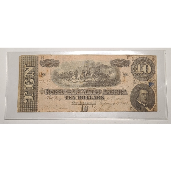1864 Confederate States Of America Richmond, Virginia $10 Note With Protective Sleeve