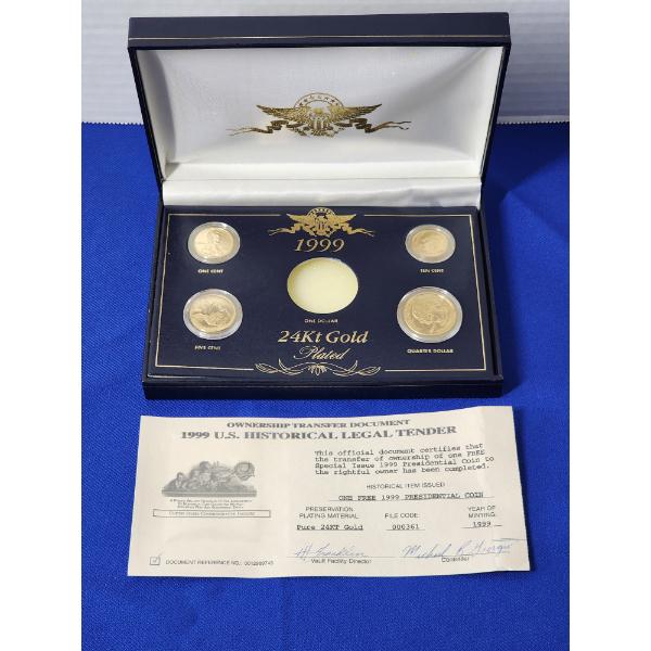 1999 U.S. 24K Gold-Plated Collection Including Cent, Nickel, Dime, Quarter in Display
