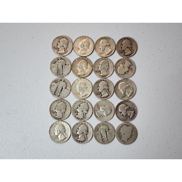 Assorted Years Silver Quarters Including Washington, Barber, and Standing Liberty Face Value $5.00