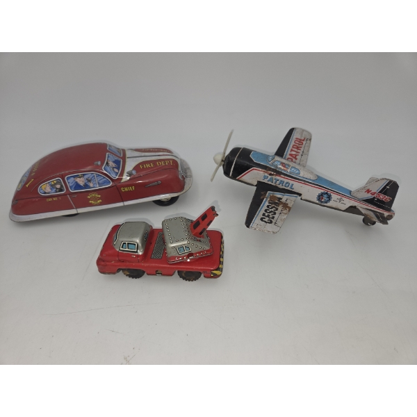 Vintage Tin Toys Including Cessna Plane, Fire Car & Tow Truck