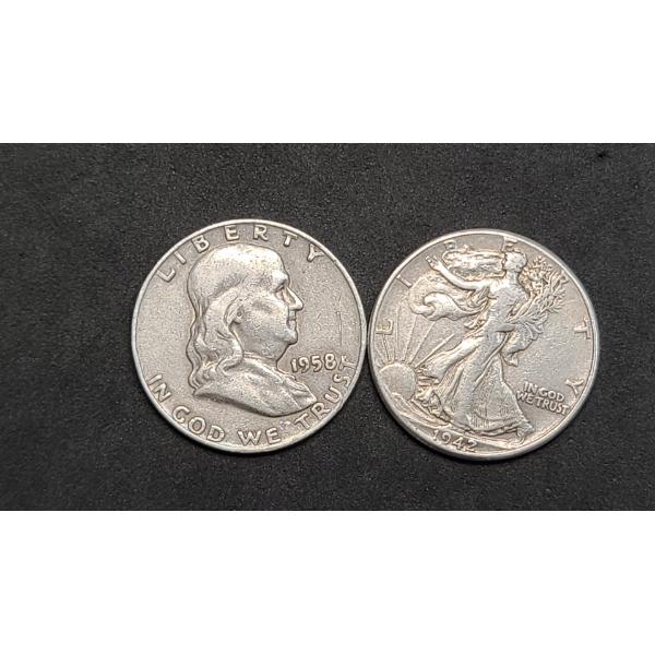 1958 90% Silver Franklin Half Dollar & 1942 90% Silver Half Dollar - Face Value: $1.00
