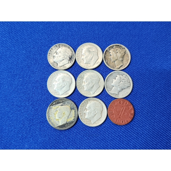 Lot of Assorted Coins - Including Silver Dimes, British Coin, WWII Ration Token