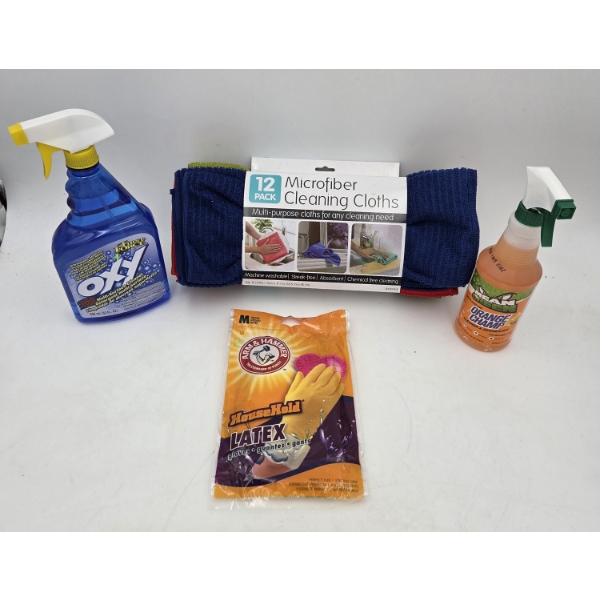 All New Cleaning Group Including 12 Pack Of Microfiber Towels, Rubber Gloves, 16 oz Mean Green & 32 