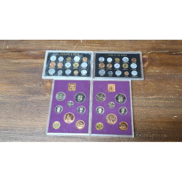 (2) Coins Of The World In Acrylic Display & (2) 1970 Pre Decimal UK Great Britain Proof Coins Sets