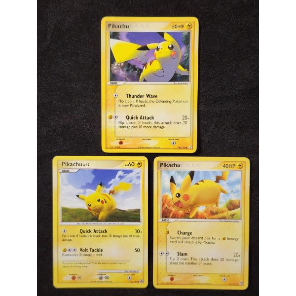 Three Assorted Vintage PIKACHU Pokemon Trading Cards Dating Back to 2006 