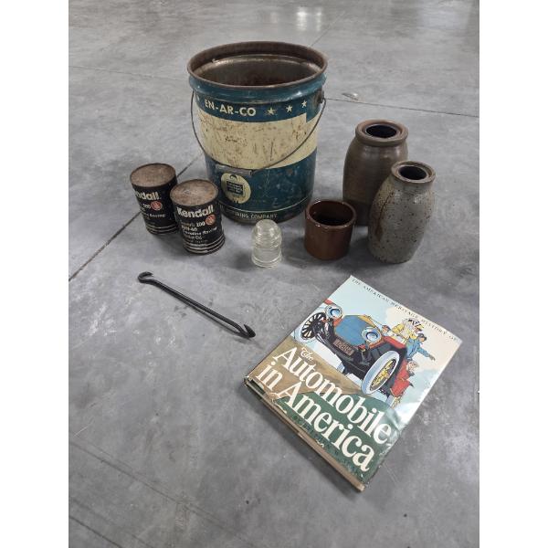 Vintage Collectables Including Stoneware Crocks, 5 Gallon Metal Bucket, Oil Cans & More 