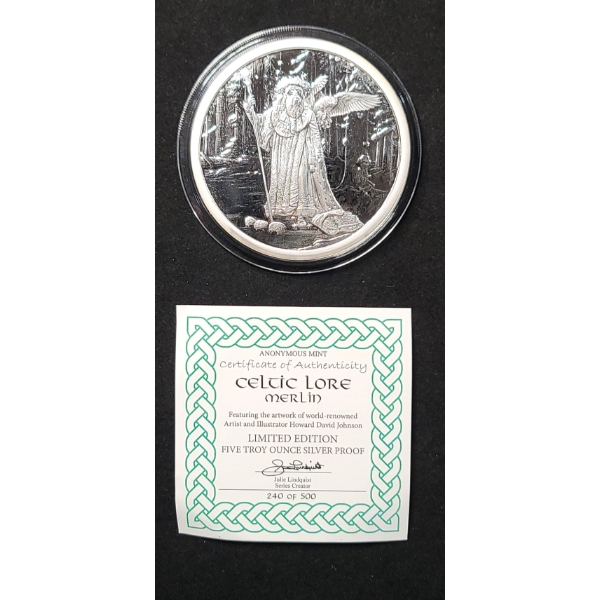 Limited Edition Celtic Lore Merlin 5 Troy Ounce .999 Fine Silver Proof Coin - Mintage 240/500