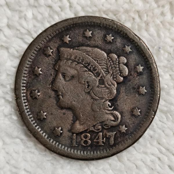 United States 1847 Braided Hair Large Cent One Cent Coin