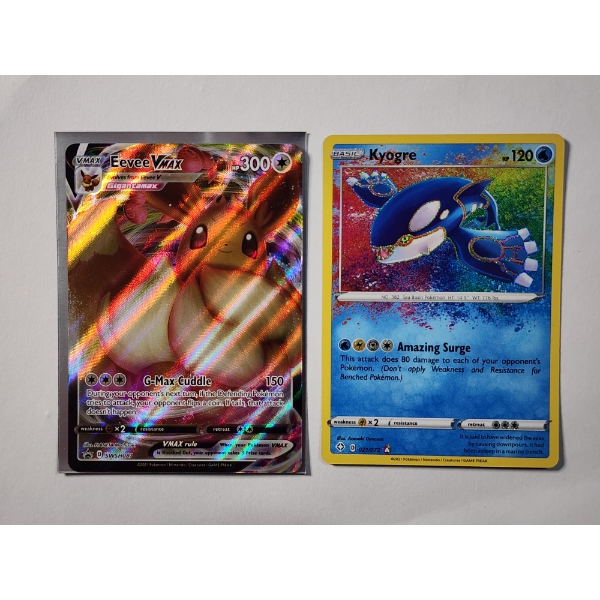 Two Vintage Pokemon Holo Rare Trading Cards Including Kyogre 021/072 & Eevee VMax SWSH087