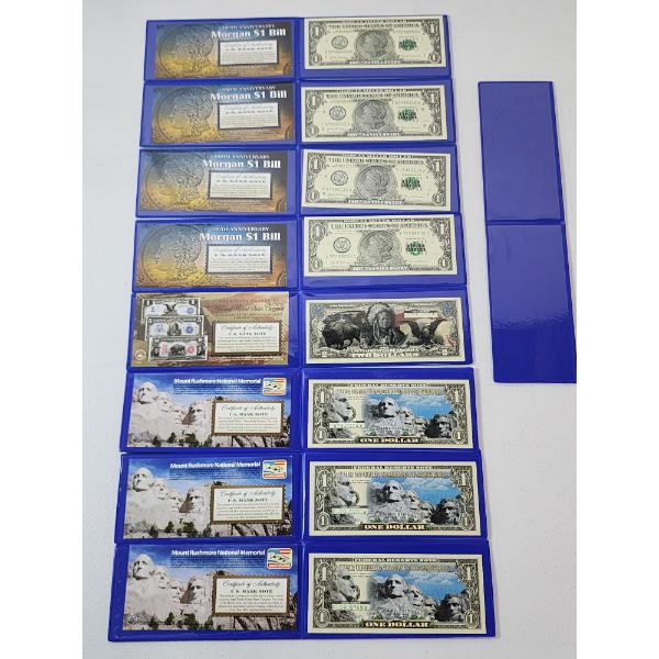 8 U.S. Uncirculated Colorized Commemorative $1 Bills Including Morgan, Mt. Rushmore, & Americana 