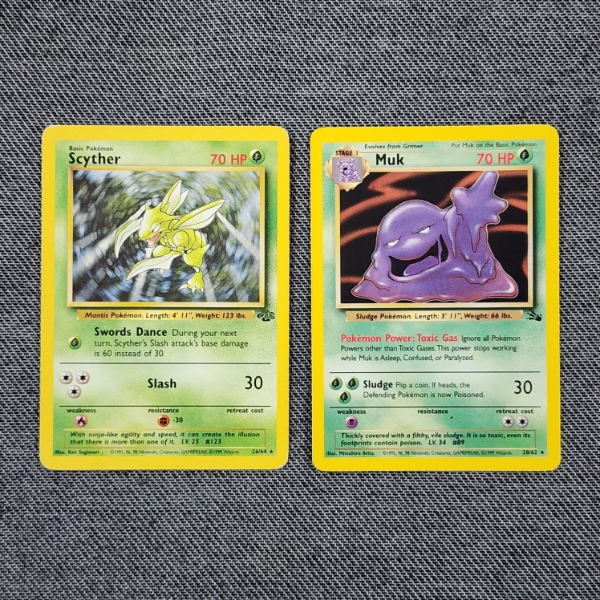 Two Non Holo Rare Vintage Pokemon Trading Cards ~ Jungle Set Scyther & Fossil Set Muk