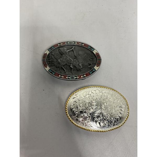 2 Belt Buckles - Indian Riding Horse - Bergamot Brass Works 1992 - Nocona Buckles Brand 
