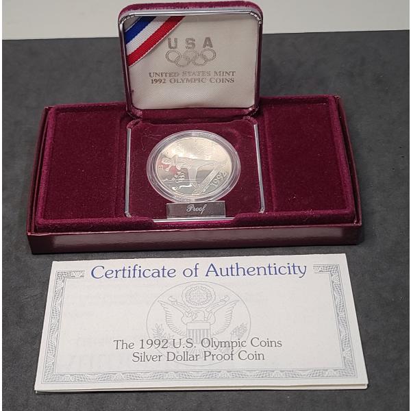 United States Mint 1992-S Olympic Baseball Commemorative Proof 90% Silver Dollar With COA