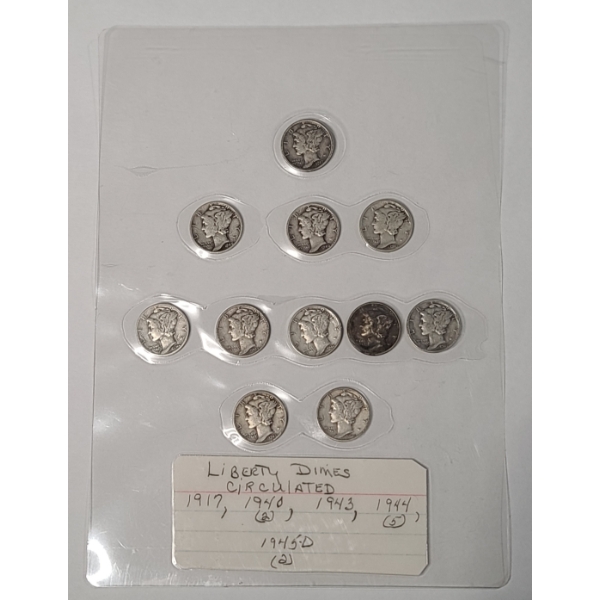 Assorted Years/Mint Marks Mercury 90% Silver Dimes In Laminate Sheet - Face Value: $1.10