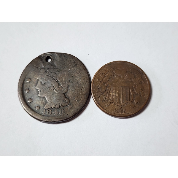 1848 Large Cent & 1865 Two Cent Piece - Early U.S. Copper Coins