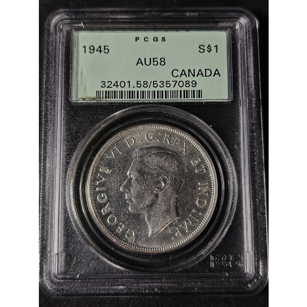 RARE 1945 Canada Silver Dollar ($1) Graded  By PCGS AU58 - Only 42 Known In This Grade