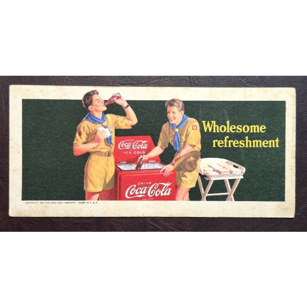   COCA COLA ADVERTISING BLOTTER - VINTAGE 1942 10" X 4" BLOTTER - 2 BOY SCOUTS ENJOYING A COKE