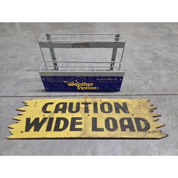 Vintage Wooden 29''x9.5'' Wide Load Sign And 9''x12''x20'' Metal Weather Station Counter Display Rac