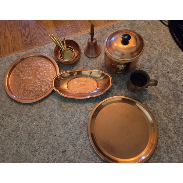 PICKUP IN CANTON - Copper Collection, Including Two 12'' Trays, Ice Bucket, Measuring Cups, Dishes