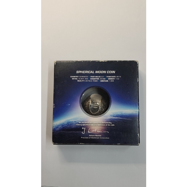 2019 Barbados Spherical Moon 50th Anniversary Apollo 11 Lunar Landing 1 Troy Oz .999 Silver Coin 
