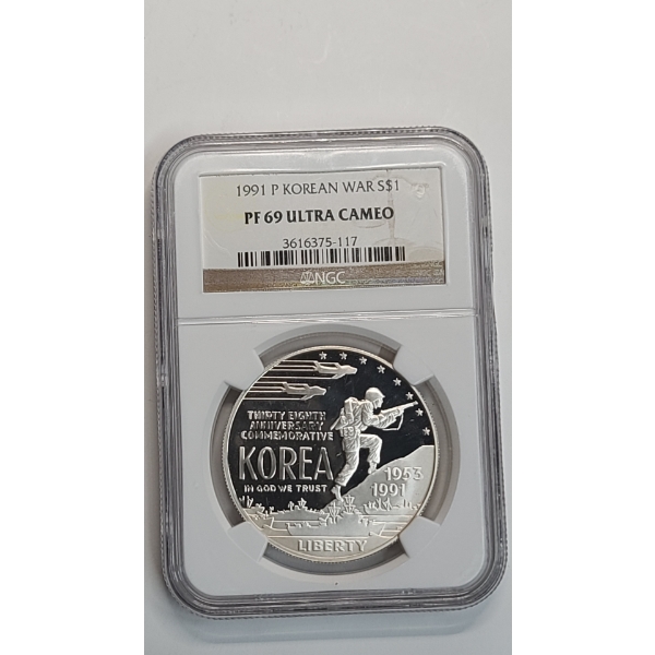 NGC 1991-P PF 69 ULTRA CAMEO Korean War Memorial Commemorative 90% Silver Proof Dollar 
