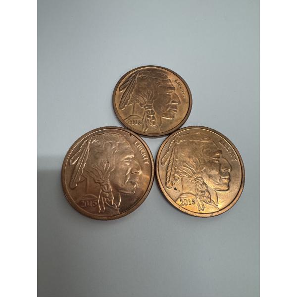 3 2015 AVDP Ounces Fine Copper Rounds -Based on the classic Indian Head Buffalo Nickel design