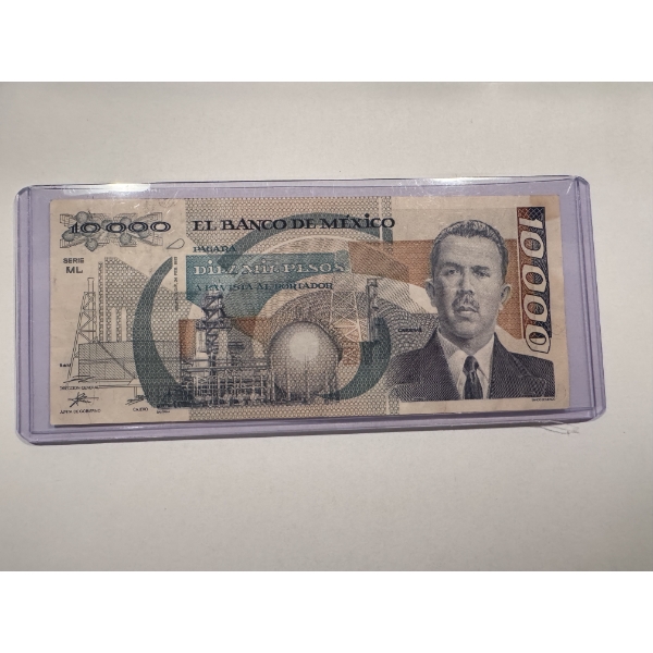 Vintage Bank of Mexico $10,000 Pesos Note In Protective Holder - Uncirculated - Harder To Find