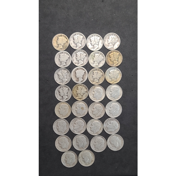 Assorted Years/Mint Marks United States 90% Silver Mercury Dimes & Roosevelt - Face Value: $3.00