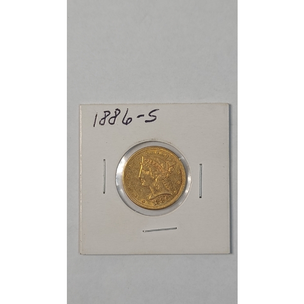 United States 1886-S Liberty Head $5 90% Gold Half Eagle