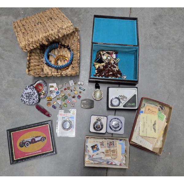 Vintage Collectables Including Basket, Pocket Watches, Pins, Stamps And More!